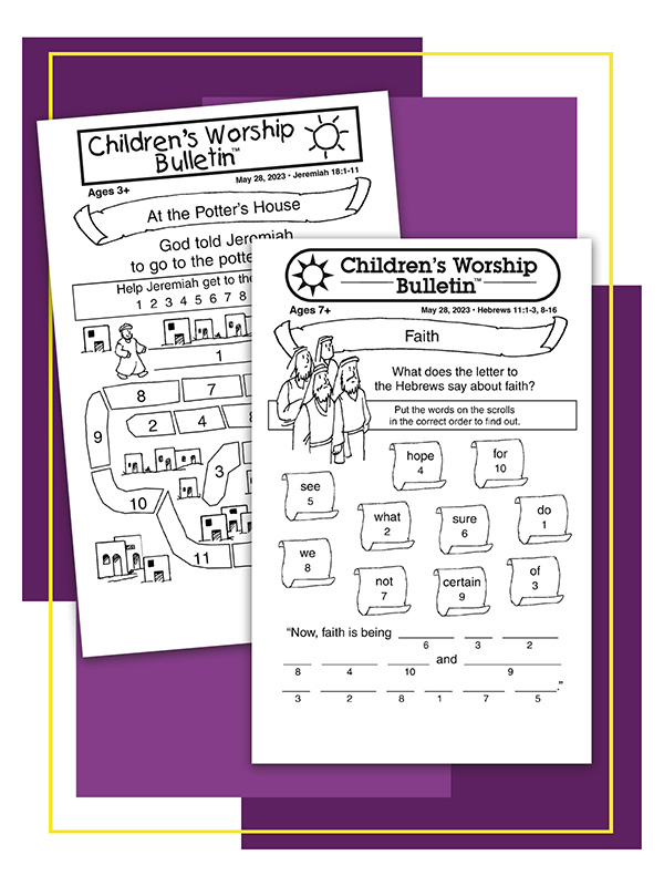 Examples of childrens worship 4 panel bulletins in two age groups